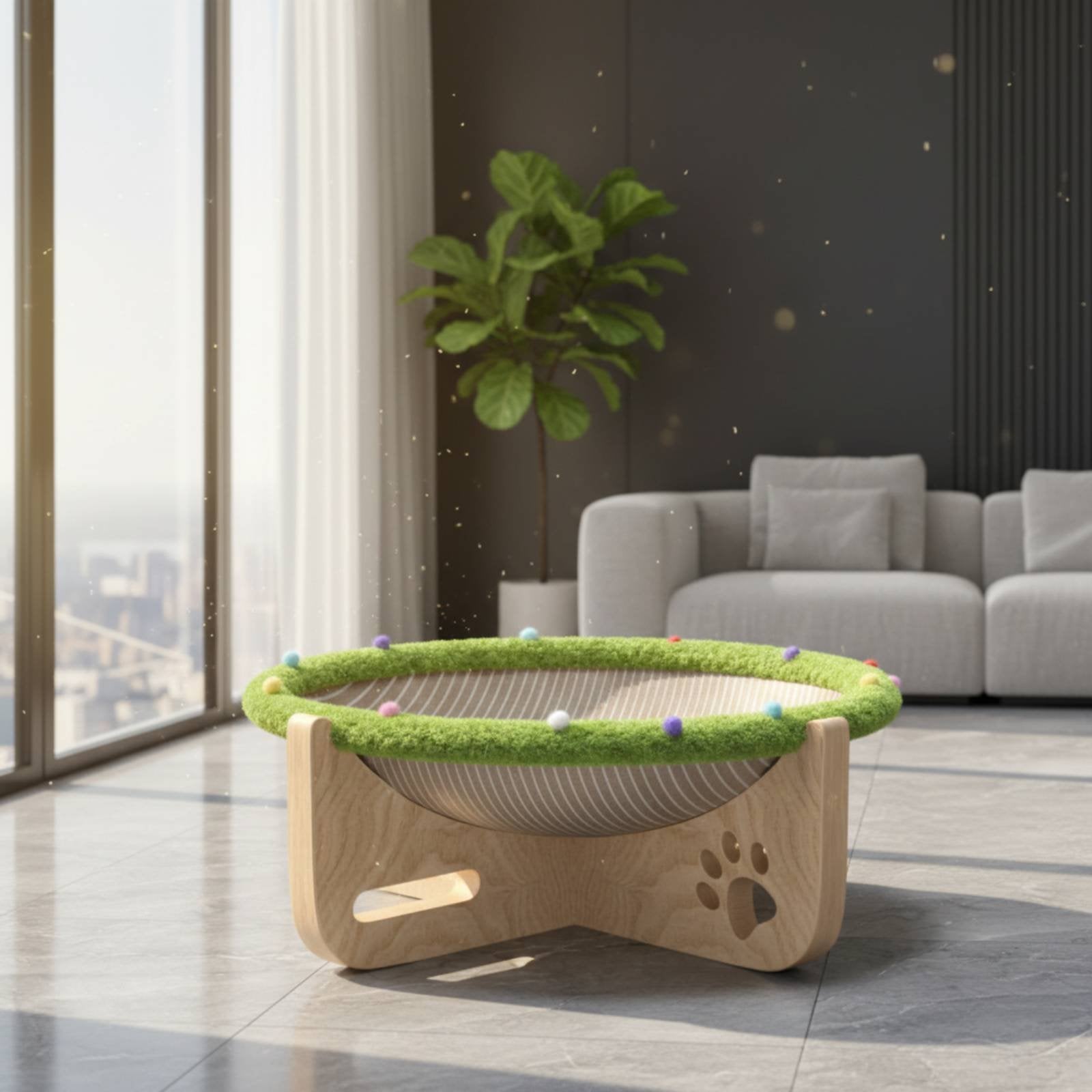 Raised Pet Bed with Scratcher All Seasons Use Elevated Cat Hammock Wooden Cat Lounge Bed for Cats, Kittens, Indoor