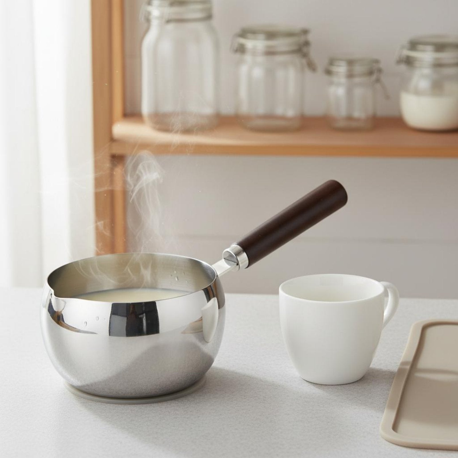 Infant Meal Cooking Pot Transparent Glass Lid Small Saucepan with Wood Handle