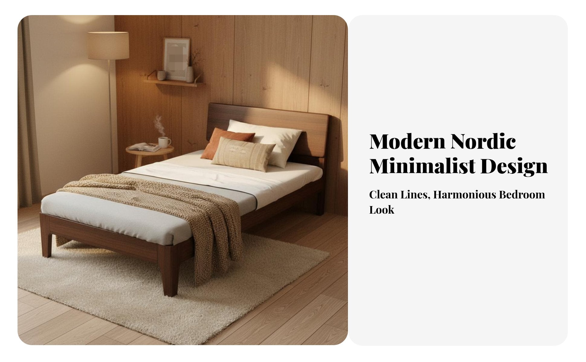 Durable Wood Lowsilhouette foundation Bed Nordic aesthetic Lowsilhouette Bed Base Minimalist Design Bedroom Furniture Slim Headboard for Adults, partners, Toddlers, Small Apartments, Apartment, Guest Room