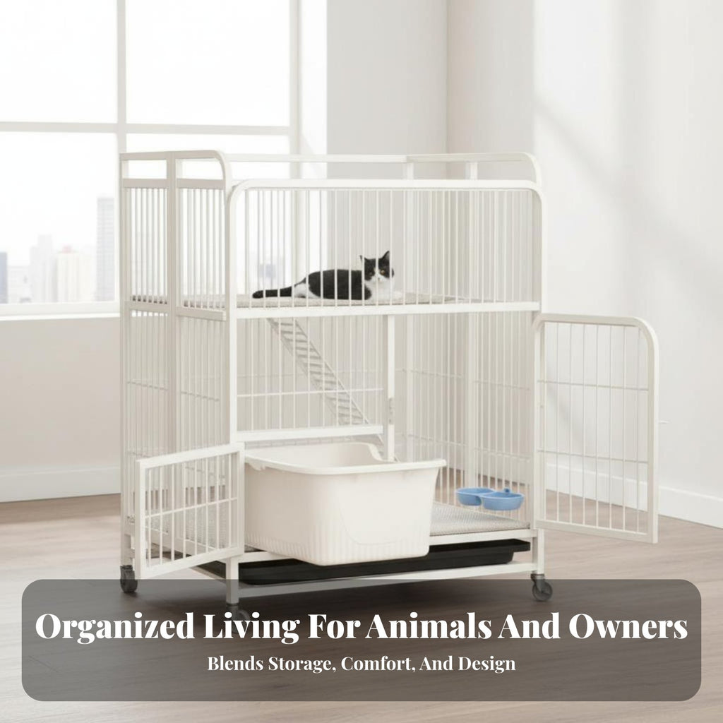 3-Tier Foldable Cat Kennel Integrated Litter Box Multi-Level Cat Crate Large Space Spacious Interior for Indoors, Home, Bedroom