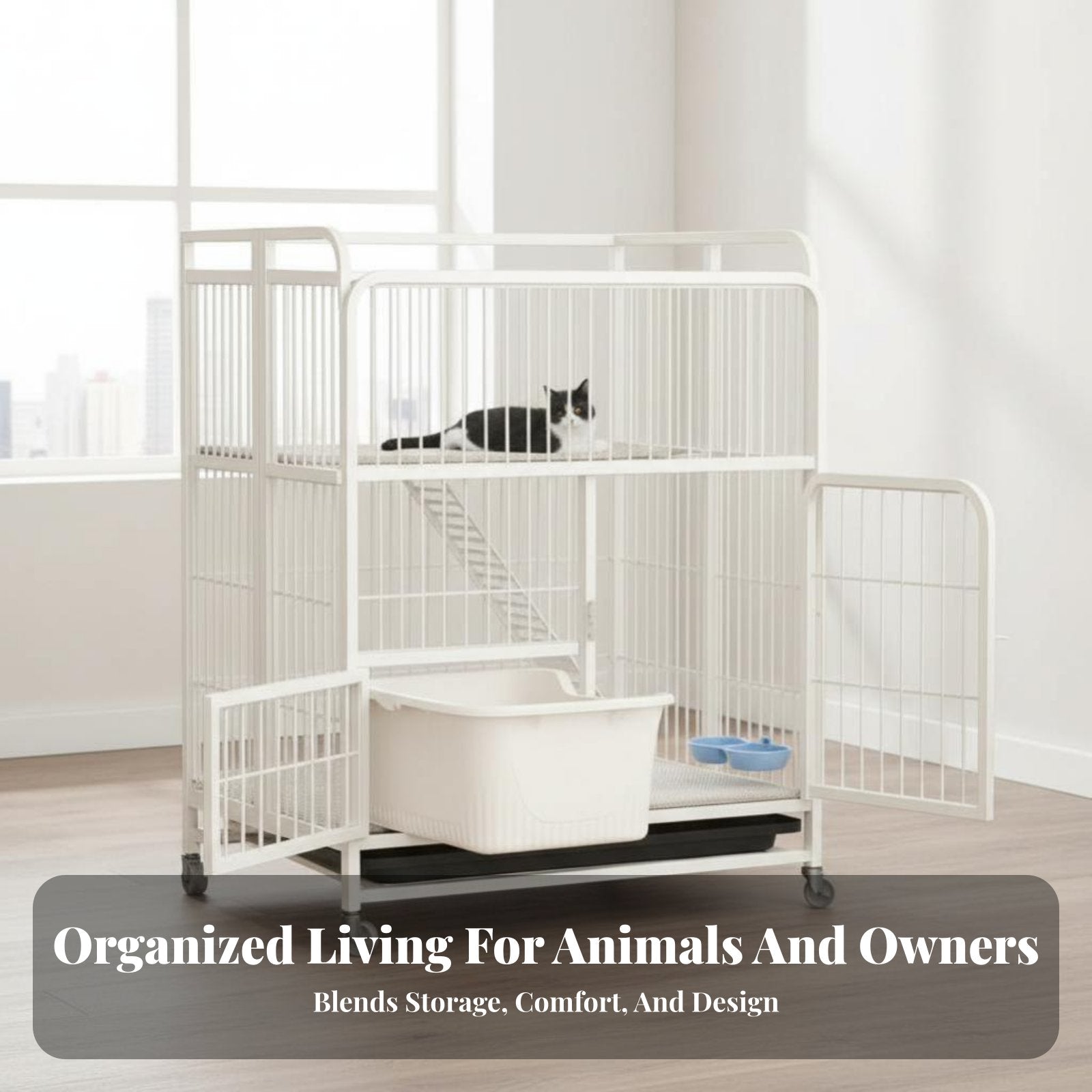3-Tier Foldable Cat Kennel Integrated Litter Box Multi-Level Cat Crate Large Space Spacious Interior for Indoors, Home, Bedroom