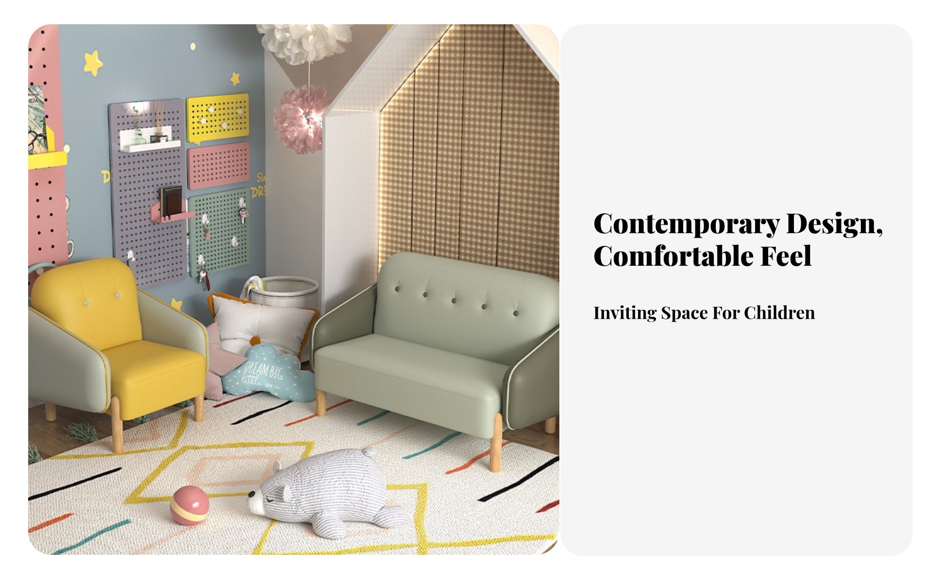 Young Child Two-Seater Sofa Nordic Design 2-Seater childs' Loveseat Easy to Clean Dense Foam for Kindergarten, Daychildcare
