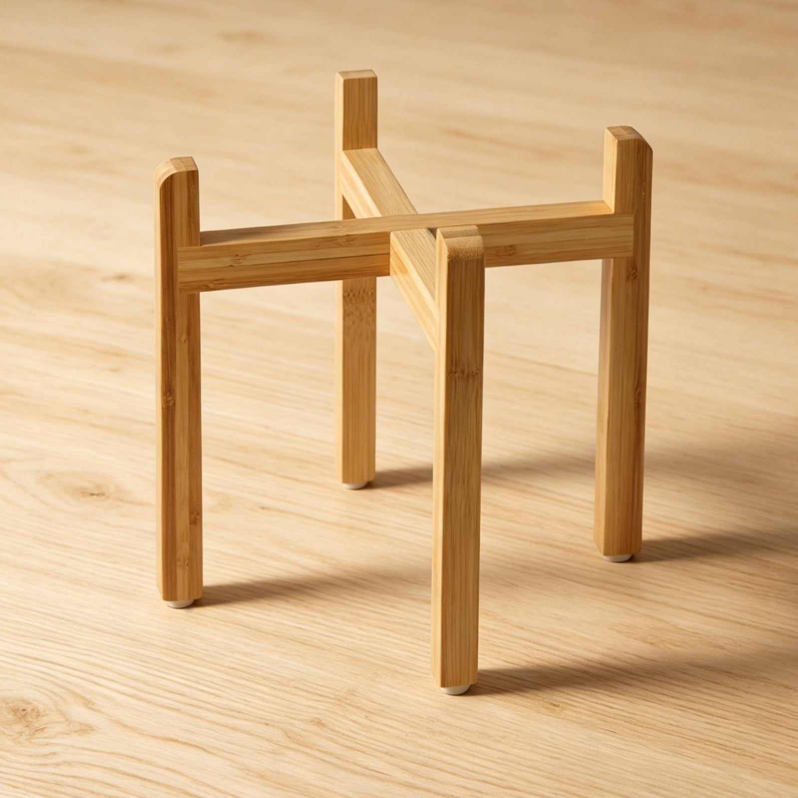 Cross-Brace Bowl Stand Bamboo Finish Wooden Pet Bowl Stand Exposed Design