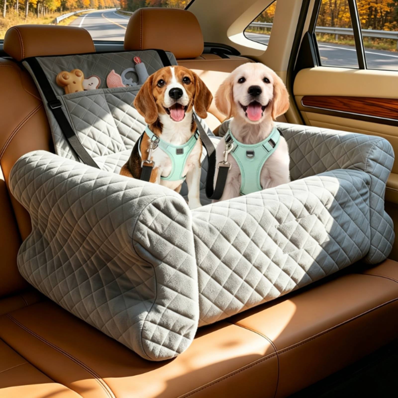 Dog Car Booster Bed Removable Washable Cover Puppy Vehicle Pet Bed Thick Seatbelt Straps Lookout Booster for Road Trips