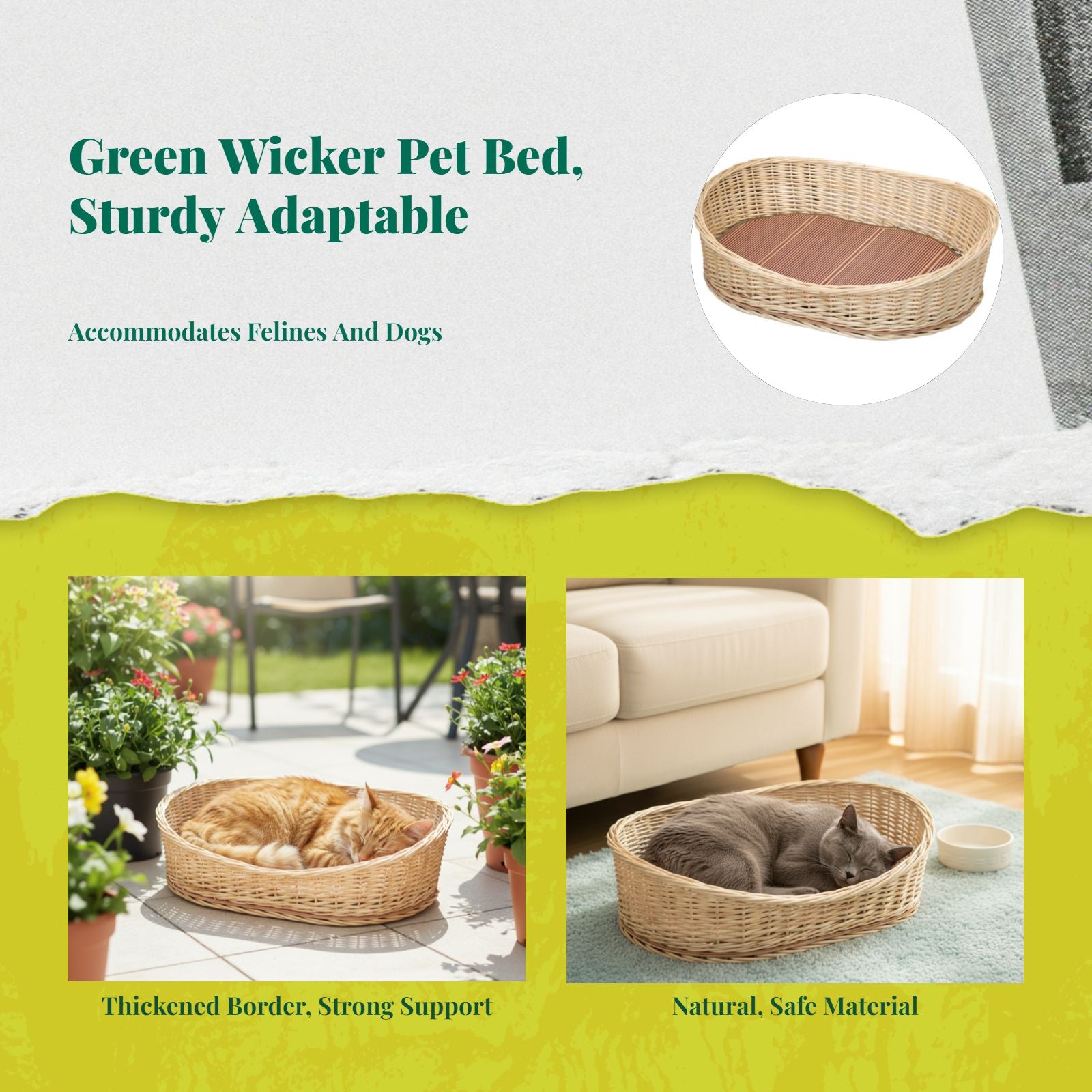 Rattan Pet Bed, Cooling Cat Cave, Removable Pad, Cleanable
