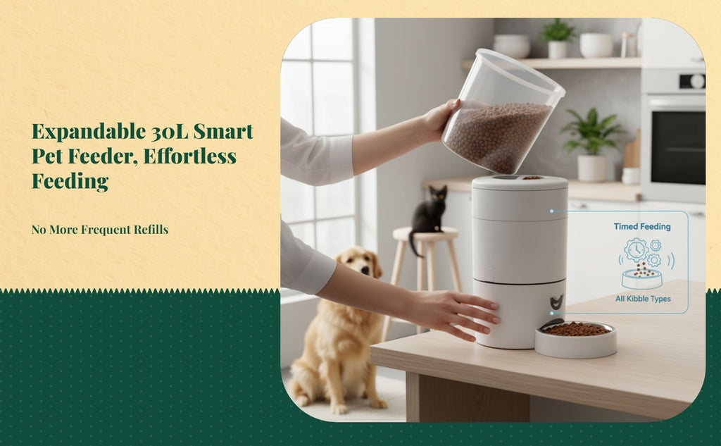 App-controlled pet feeder, timed meals
