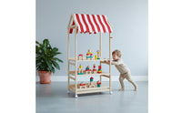 Striped Awning Children's Book and Toy Organizer Natural Wood House-Style Shelf Freestanding Children's Toy Rack Accessible Design