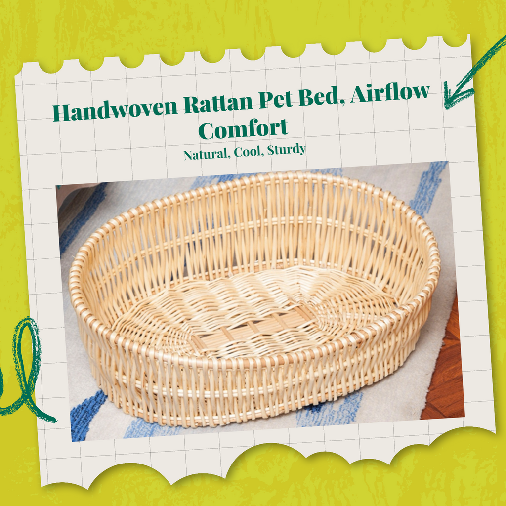 Rattan pet bed with removable, breathable pad