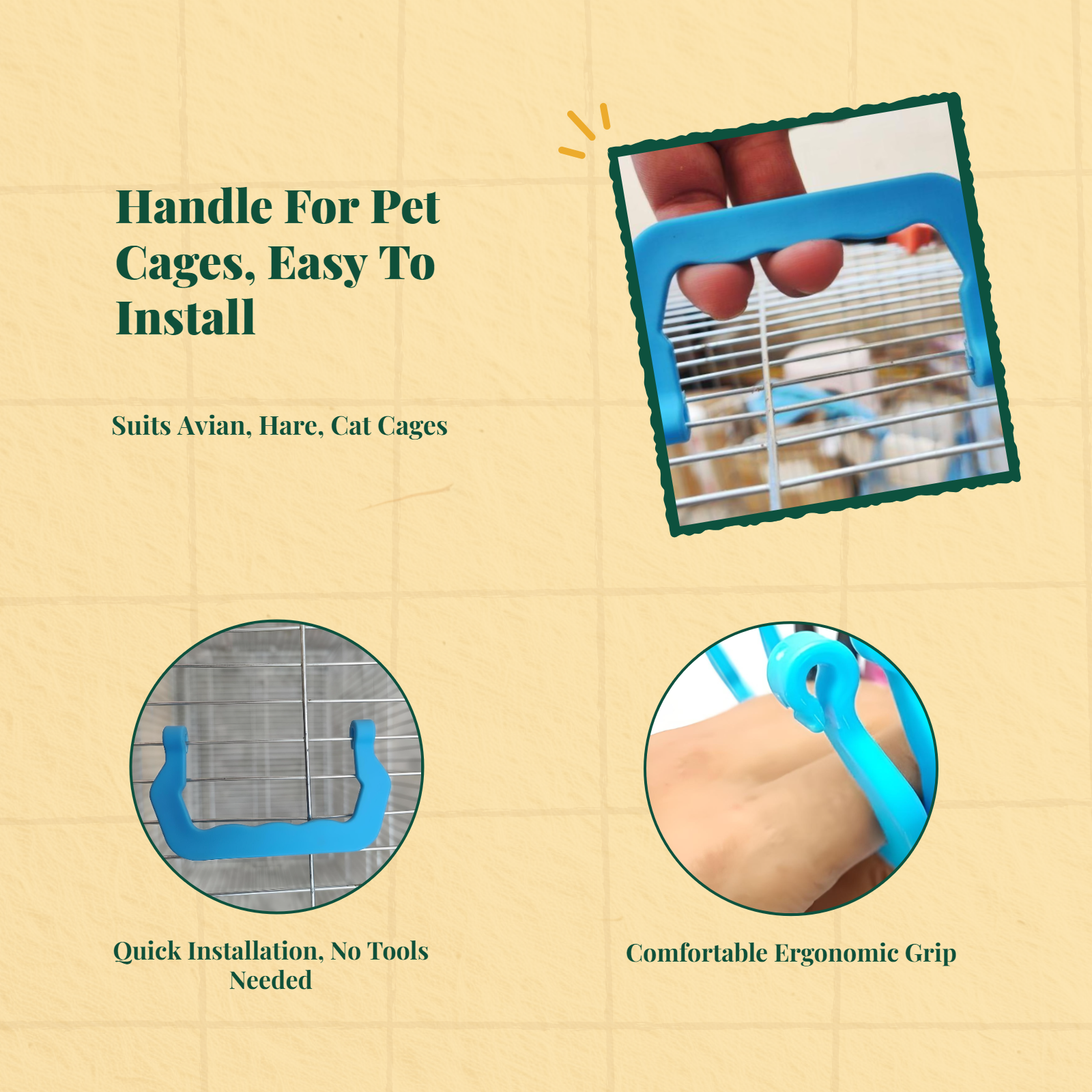 Pet enclosure Handle, Plastic Replacement Carry Handle, Easy to Install for avian, hare, cat, and dog enclosures. Portable and removable accessory.
