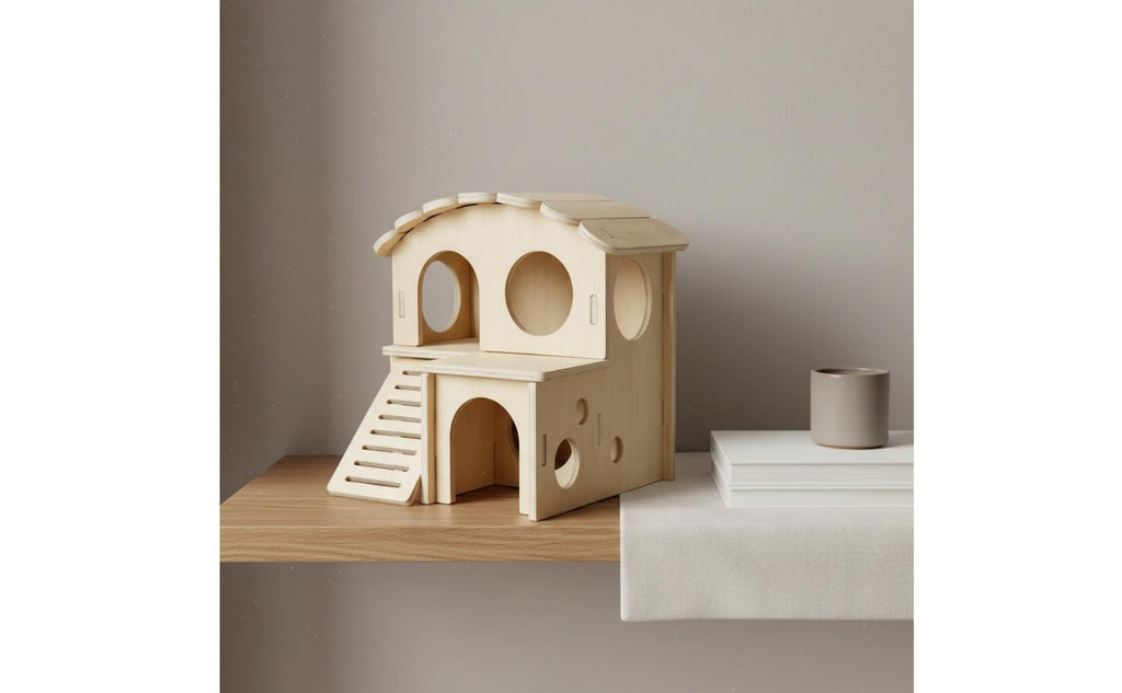 Double-Decker Hamster House Multi-Functional Stairs Wooden Pet Hut Natural Wood