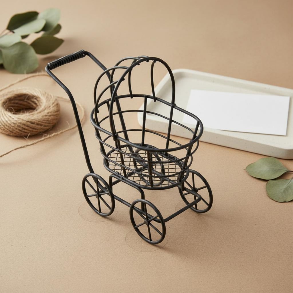 Wire Stroller Vehicle Uncovered Basket Display Piece Loop Handle for Garden