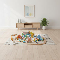 Electric Toy Train Set Educational Wood Train Track and Buildings Set Imaginative Play Wooden Railway Playset for Young Children, Playroom, Preschool