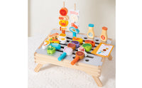 Wooden Grill Playset Slatted Wooden Barbecue Toy Menu Cards for Children