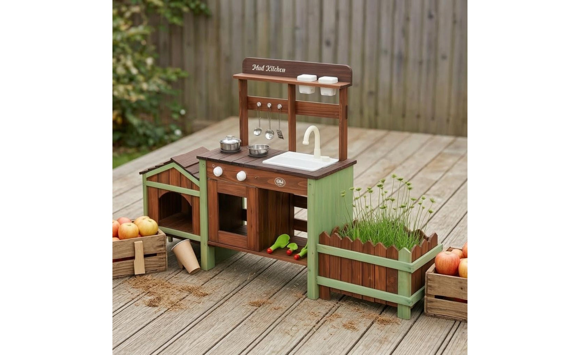 Wooden Outdoor-Pretend Kitchen Planter Box Wood-Look Play Kitchen Round Knobs Infant Toy
