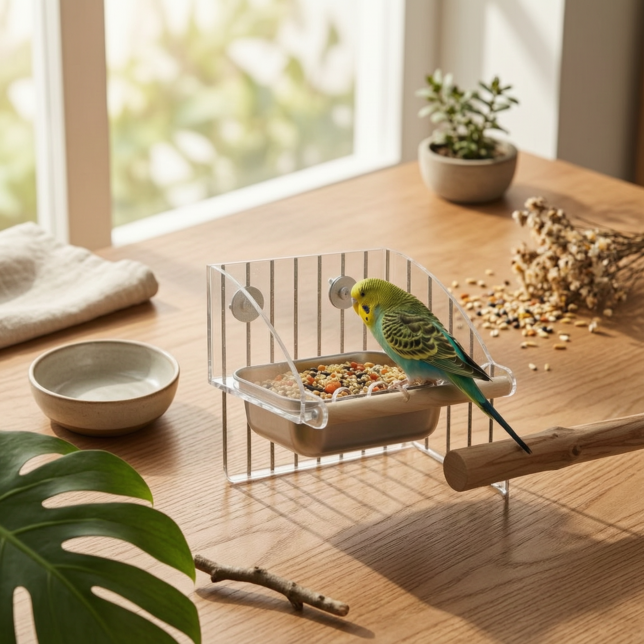 Acrylic birds Feeder Spillproof Acrylic Food Dispenser Large Capacity Cage Mounted Food Bowl for Parrots, Cockatiels