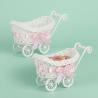 2 Pieces Miniature Pram Favor Basket Pink Ribbon Decorative Mini Pram Basket Adorable Design Rattan Style Infant Decor for Expecting Parents