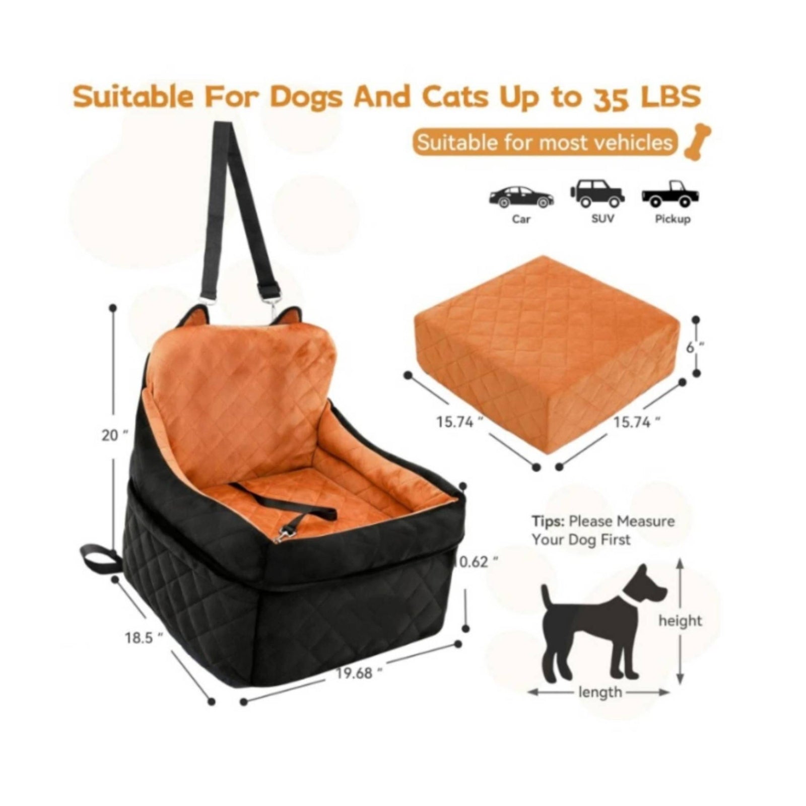 Dog Car Seat Bed Portable Car Dog Bed Quilted for Dogs