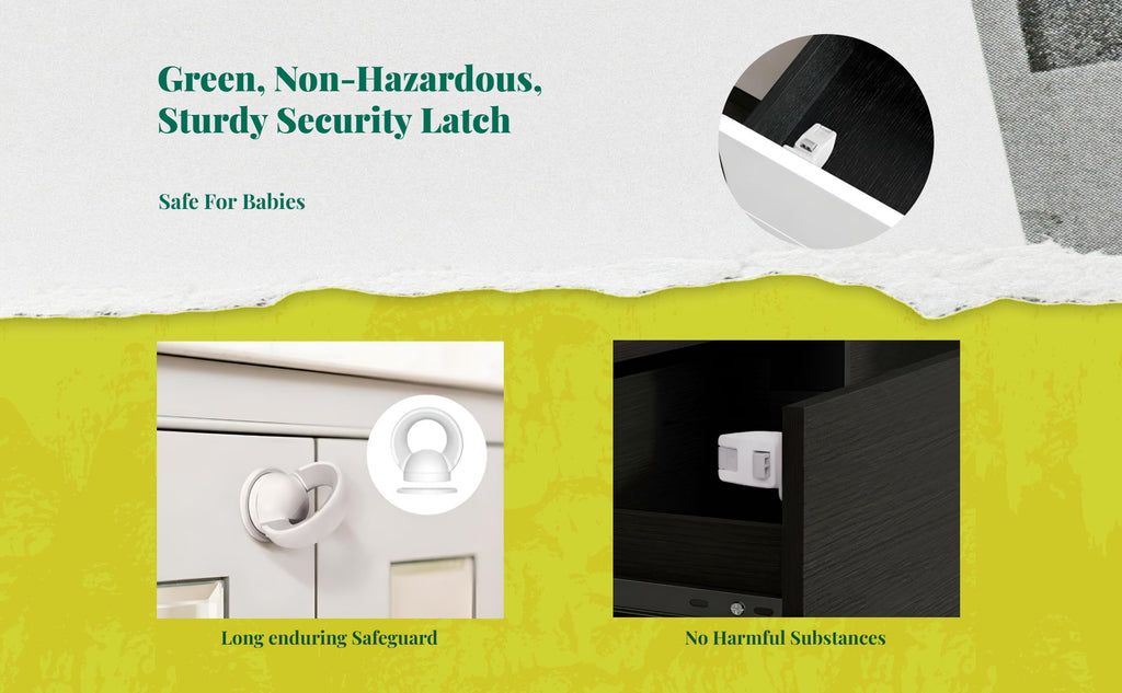 Attractive toddler childproof locks, discreet toddler protection cabinet fasteners, no-drill sticky backing for drawers, cupboards, kitchen, and home.