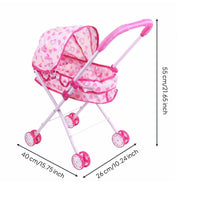Rose-Colored Doll Carriage Metal Frame Toy Pram Curved Handle for Pretend Play
