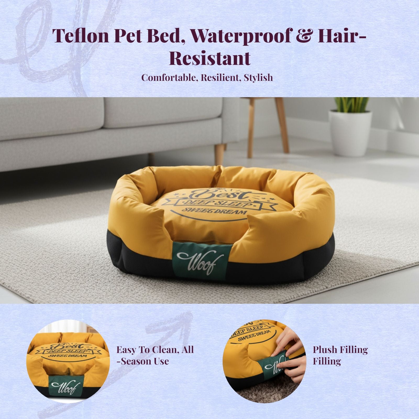 Waterproof Teflon Pet Bed, Easy Clean, All-Season Use