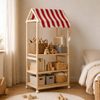 Striped Awning Children's Book and Toy Organizer Natural Wood House-Style Shelf Freestanding Children's Toy Rack Accessible Design