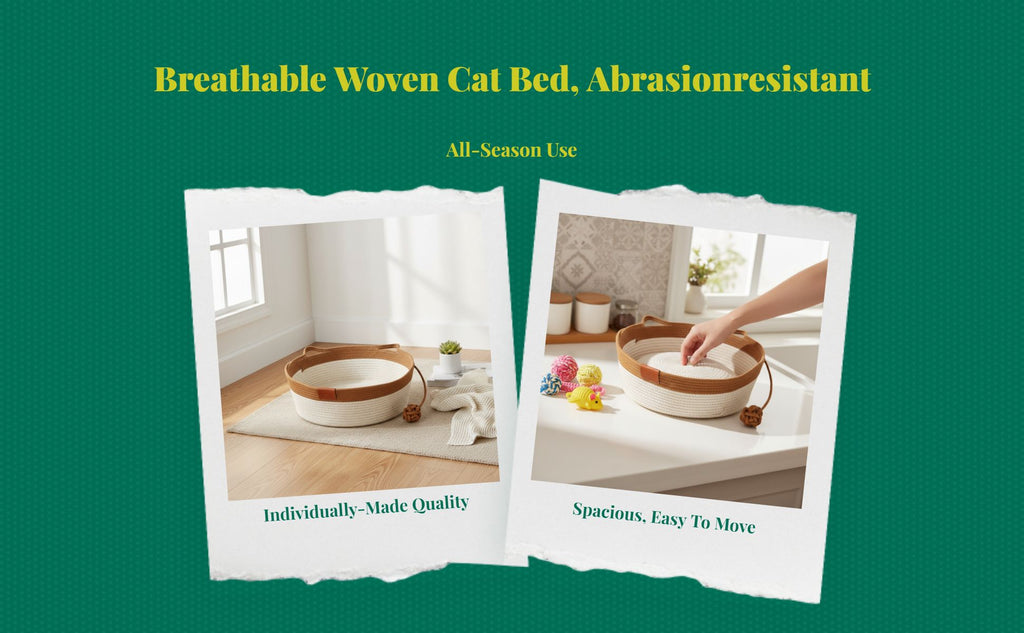 Cat Bed, Woven Basket, All-Season, Scuff-Resistant, Washable