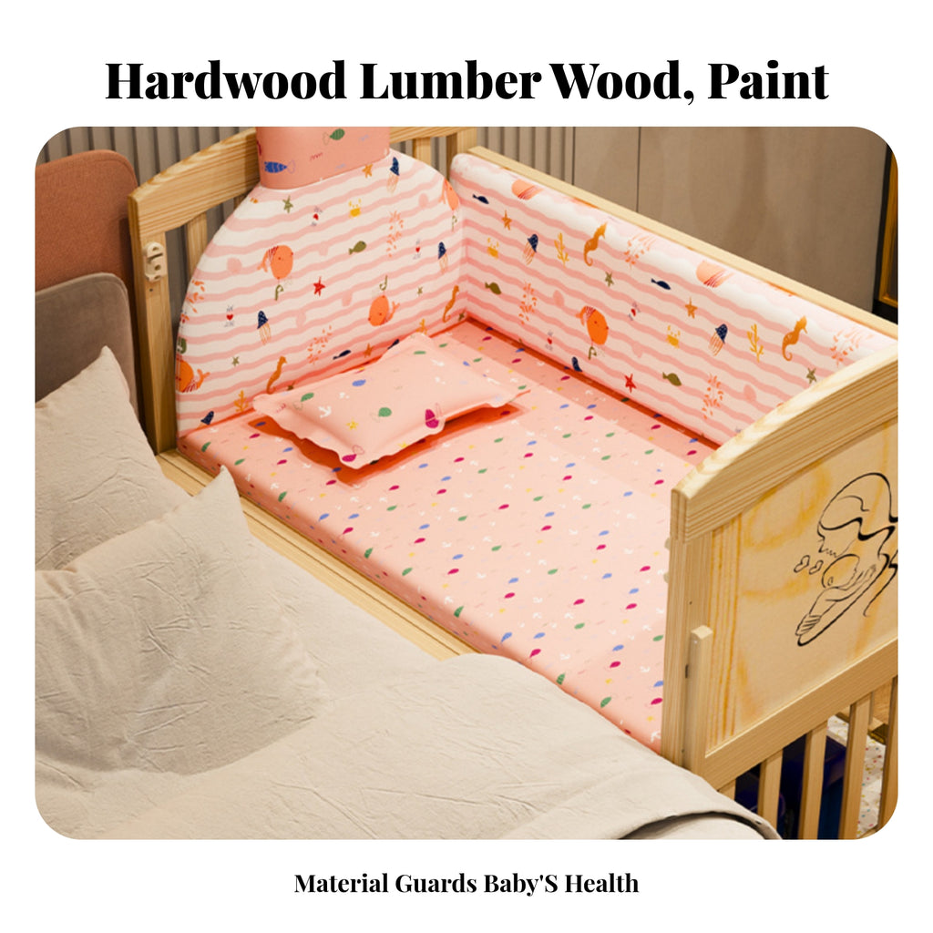 Slatted Wooden Crib Natural Wood Finish Wooden Baby Crib Multi-Functional Enclosed Base