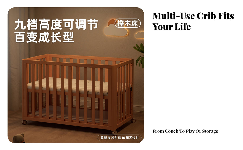 Infant Crib Beech Wood Adjustable Crib Casters for Infants, Young Children