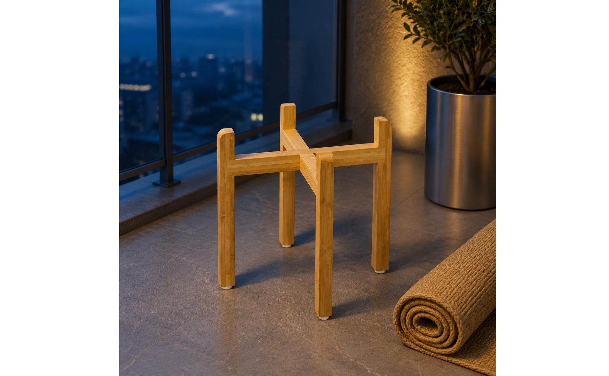 Cross-Brace Bowl Stand Bamboo Finish Wooden Pet Bowl Stand Exposed Design