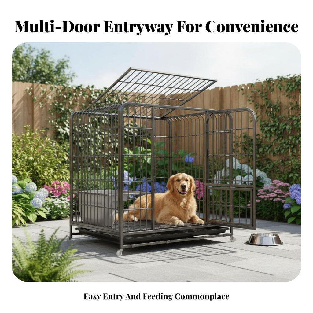 Removable Tray Heavy-Duty Dog Crate Spacious Interior Rolling Metal Bar Enclosure Easy to Clean Pet Enclosure Chew-Resistant-Proof for Owners of Large Dogs, Breeders, Kennel Operators, Indoors, Indoor, Outdoors, Outdoor