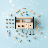 Wooden Toy Toolbox Pretend Play Kids Carpenter Tool Set Polished Rounded Edges