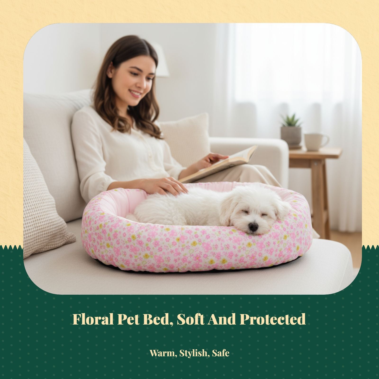 Plush Round Pet Bed, Auto-Warming, Floral Pattern