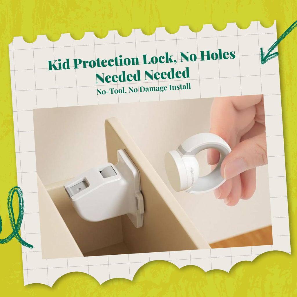 Attractive toddler childproof locks, discreet toddler protection cabinet fasteners, no-drill sticky backing for drawers, cupboards, kitchen, and home.