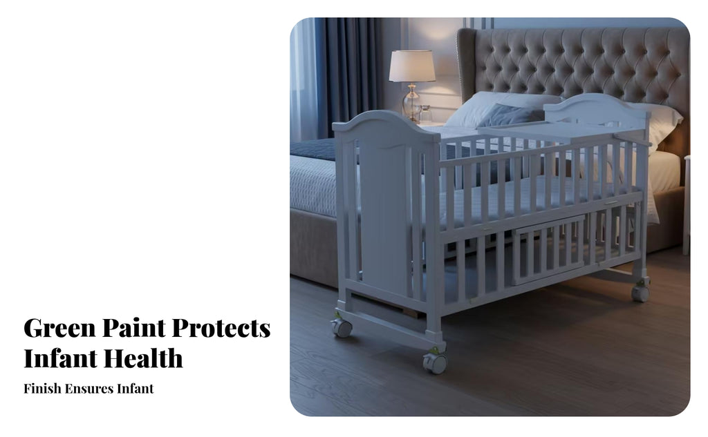 White Wooden Baby Crib Wheeled Crib on Wheels Mattress Included Nursery Bed Curved