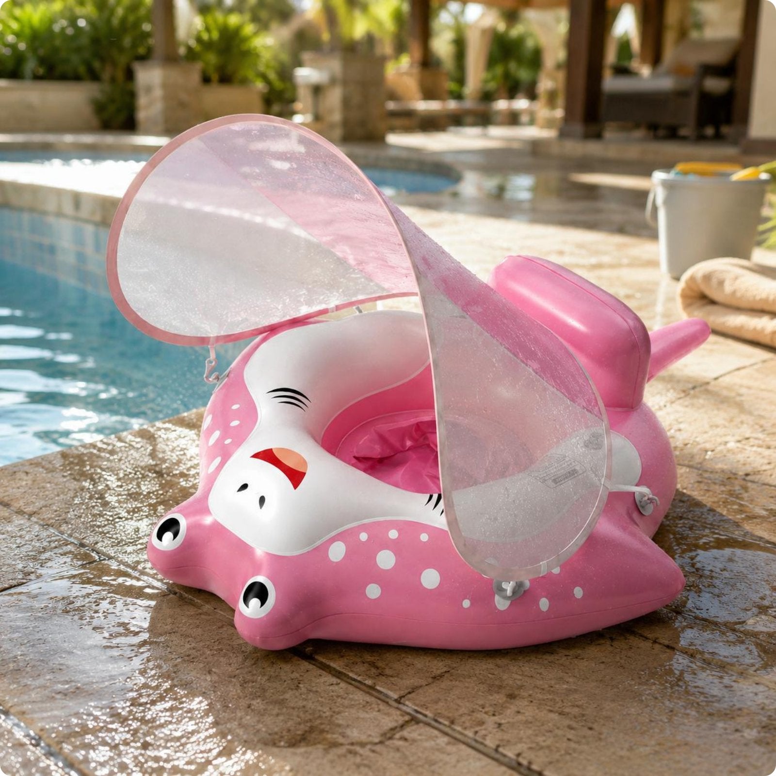 Baby Swim Seat with Canopy Portable Infant Pool Buoyant Seat Cute Creature