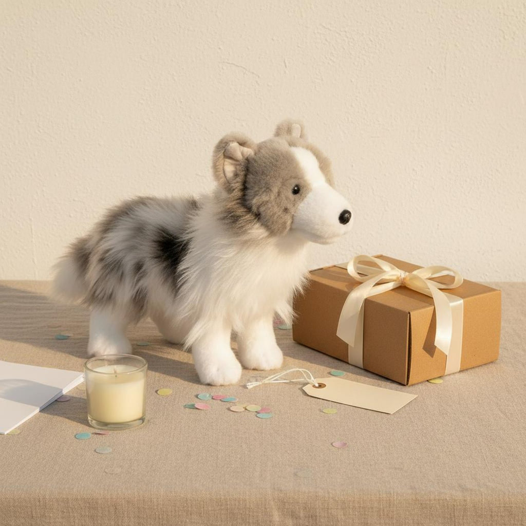 Australian Herder Stuffed Cuddly Gray White Dog Stuffed Realistic Look