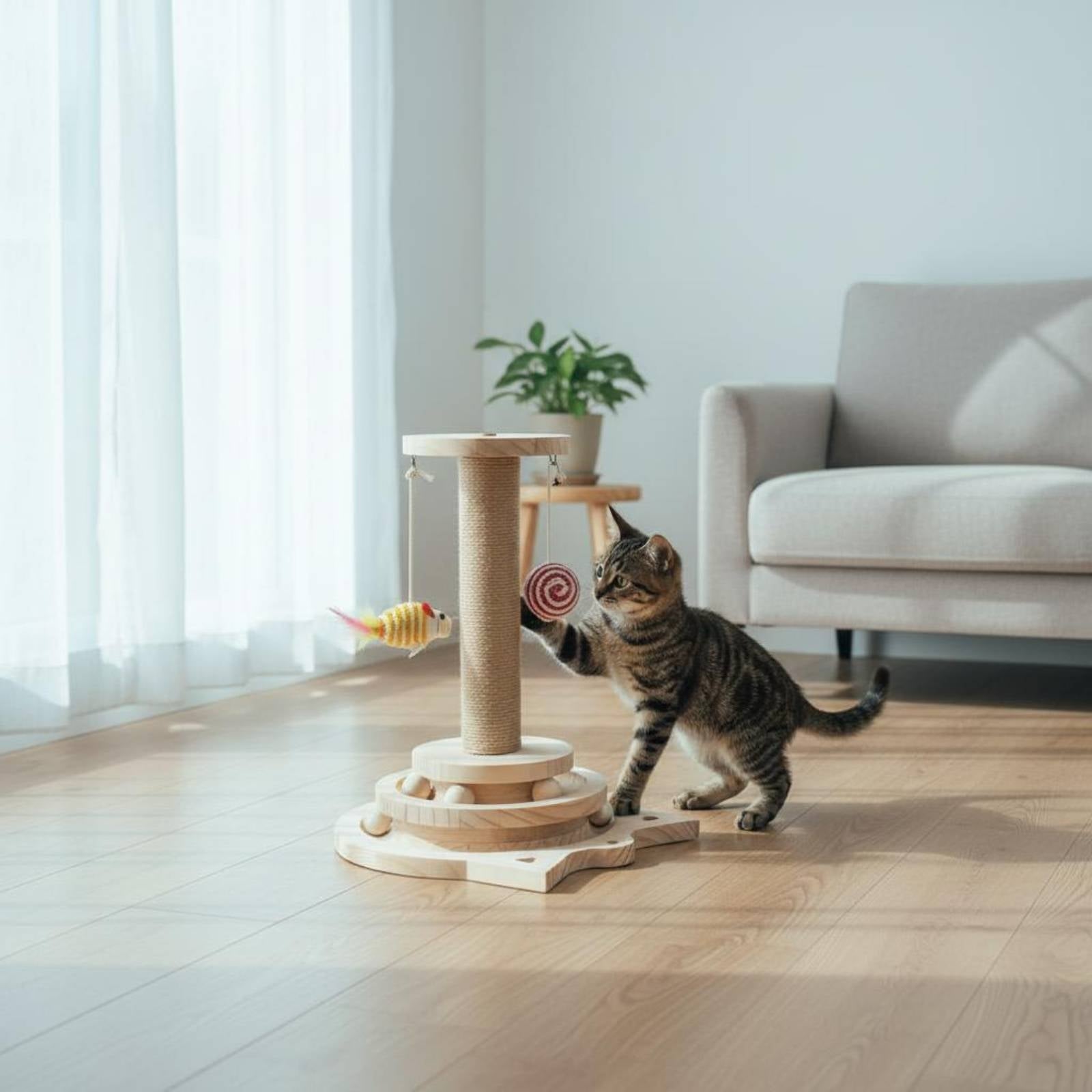 Wooden Kitten Scratching Post Tiered Circular Base Pet Furniture Spiral Design