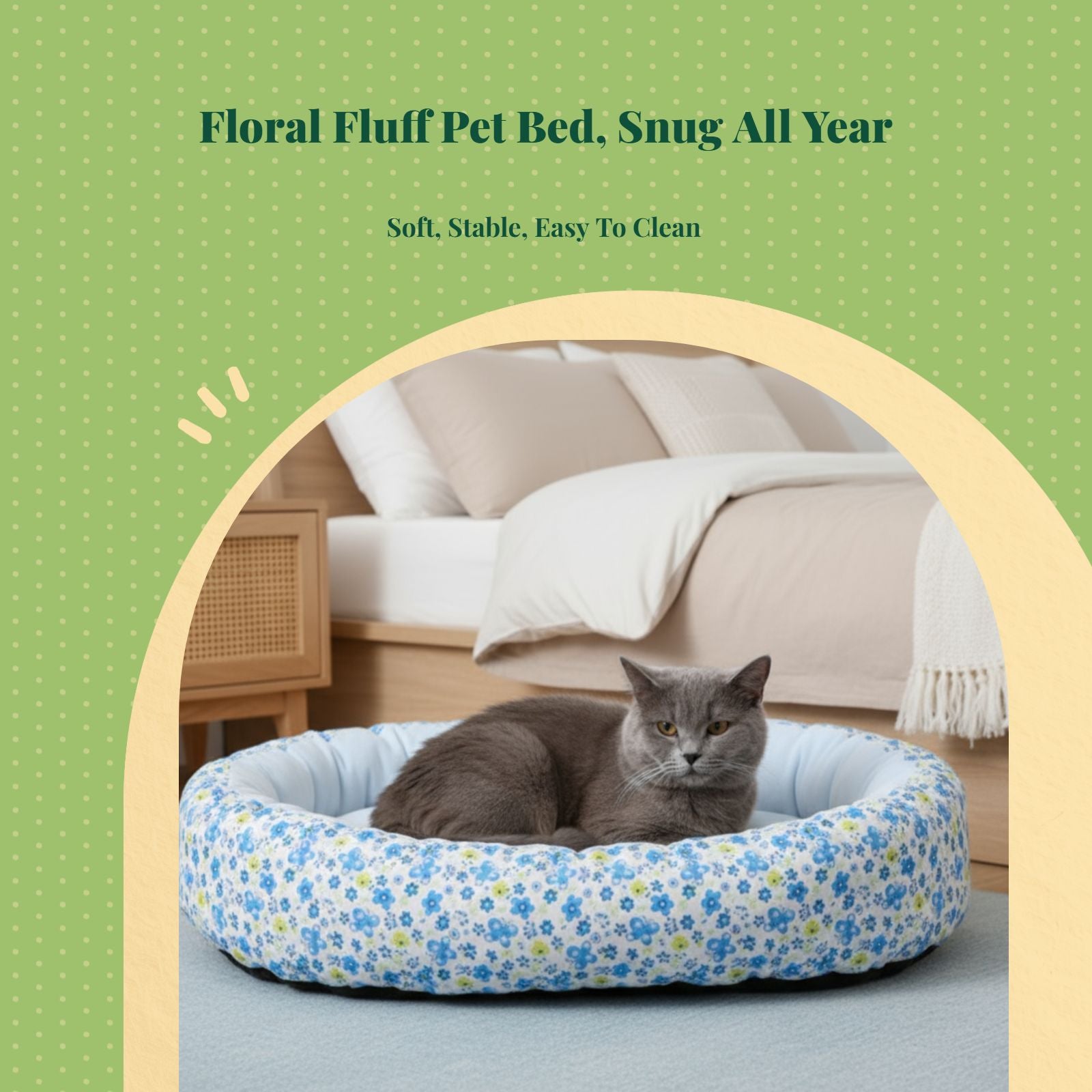 Plush Round Pet Bed, Auto-Warming, Floral Pattern