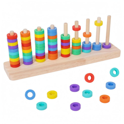 Wooden Hoop Stacker Counting Wooden Rainbow Hoop Toss Toy Fine Motor Skills