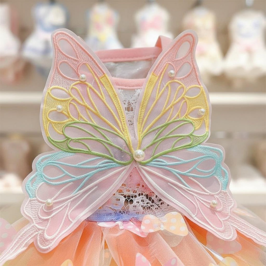 Rainbow Butterfly Pet Dress Pearl Embellished Summer Puppy Tutu for Small Dogs