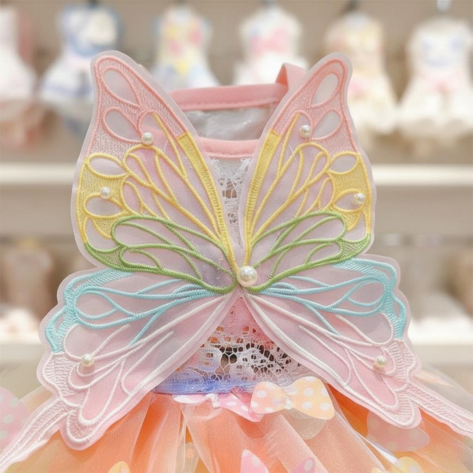 Rainbow Butterfly Pet Dress Pearl Embellished Summer Puppy Tutu for Small Dogs