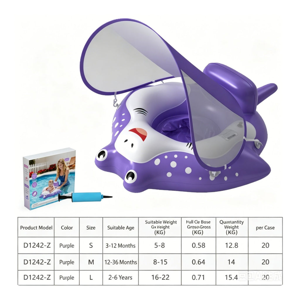 Baby Swim Seat with Canopy Portable Infant Pool Buoyant Seat Cute Creature