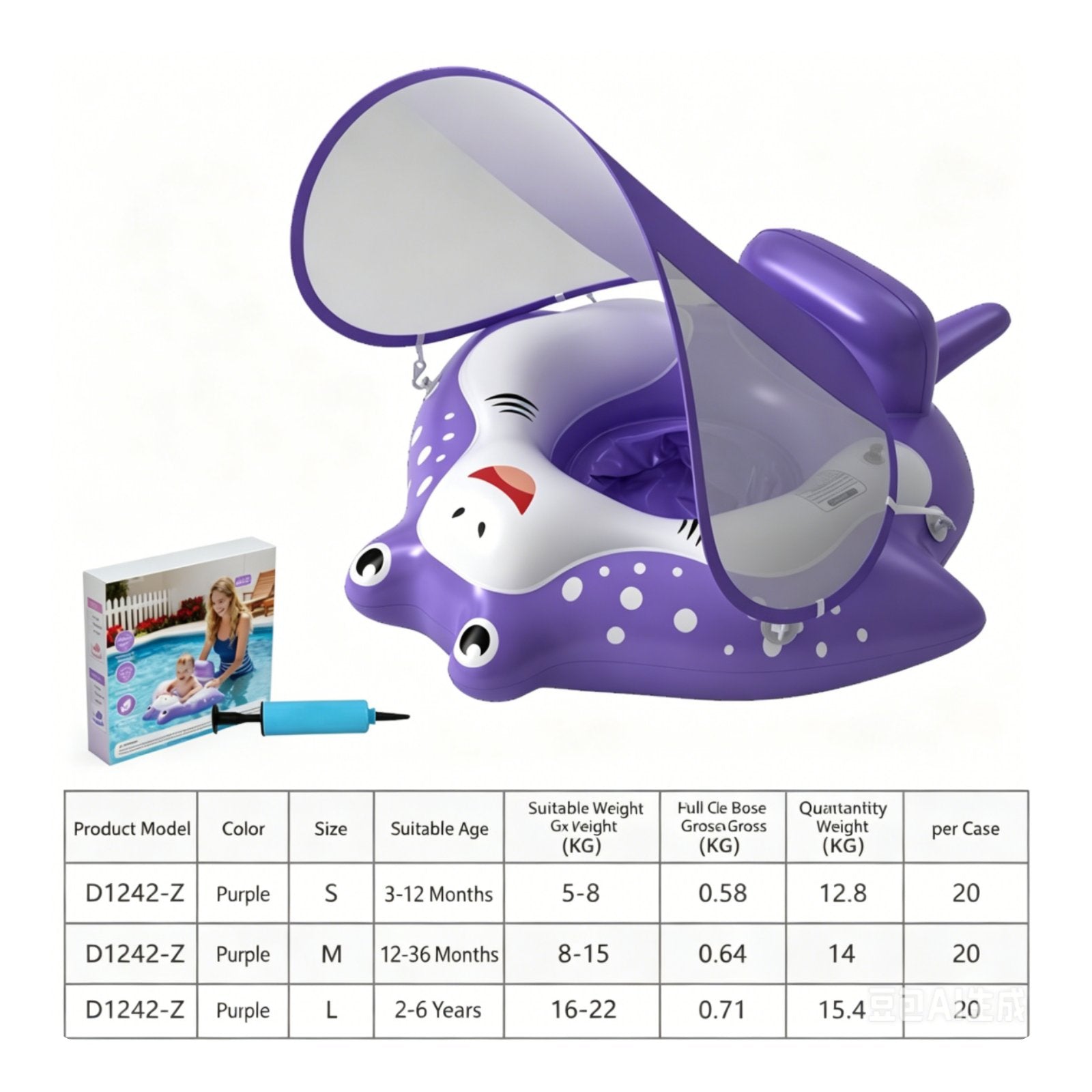 Baby Swim Seat with Canopy Portable Infant Pool Buoyant Seat Cute Creature