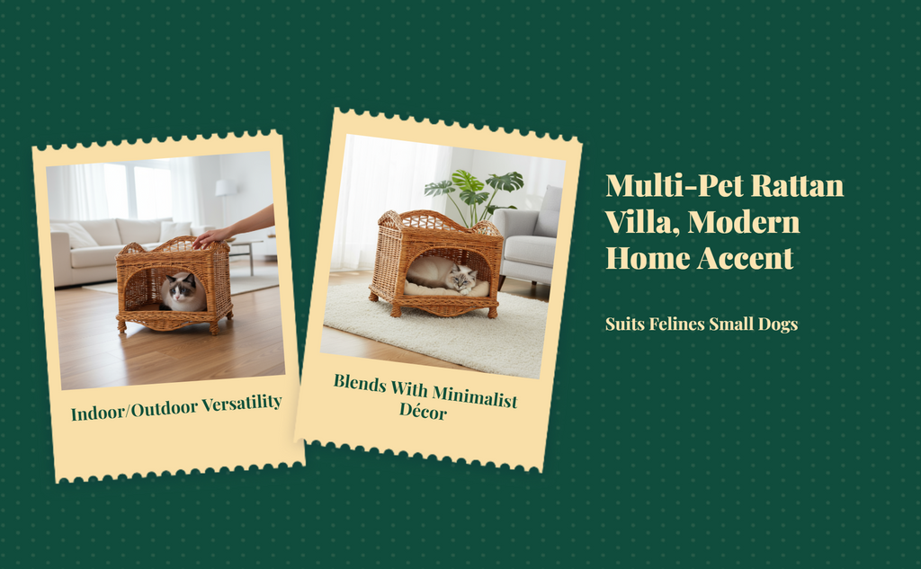Wicker Cat Bed, 2-Tier Removable Pet House, Rattan Dog Bed