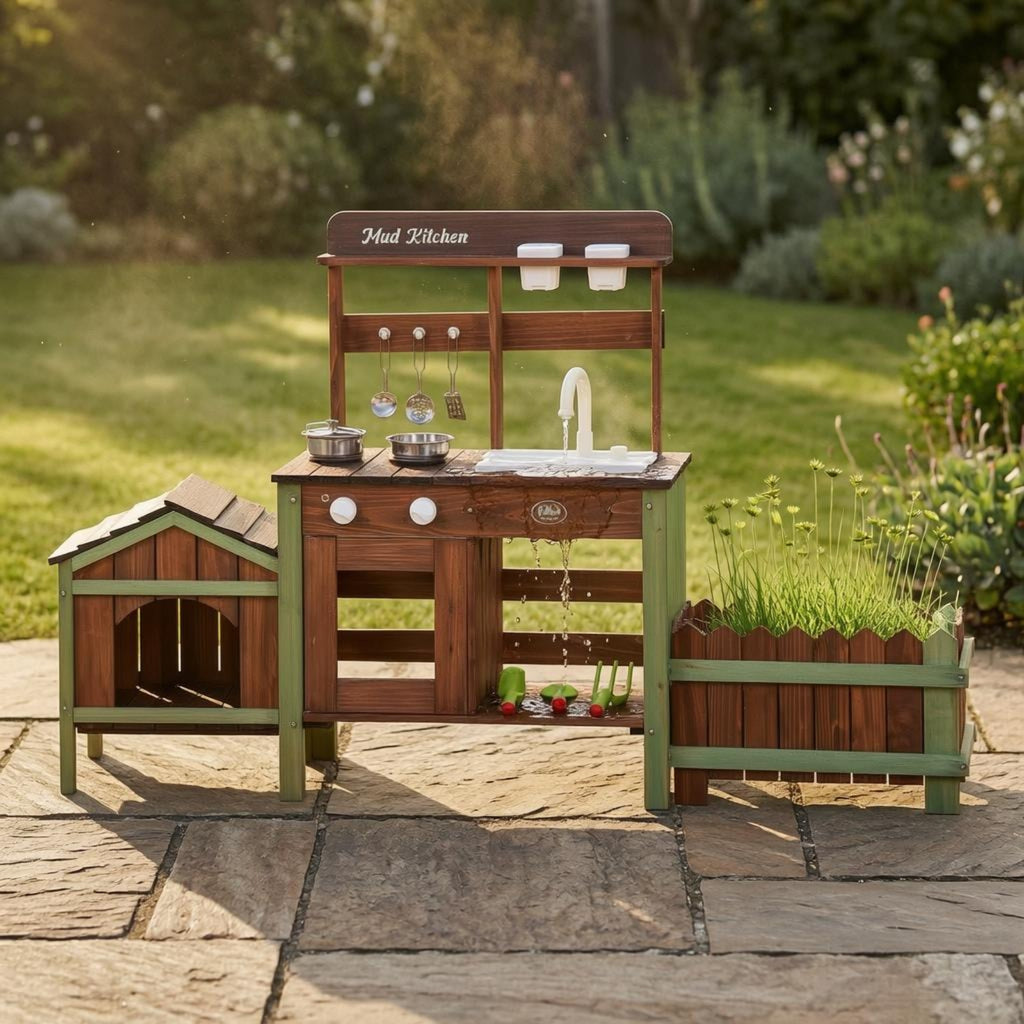 Wooden Outdoor-Pretend Kitchen Planter Box Wood-Look Play Kitchen Round Knobs Infant Toy