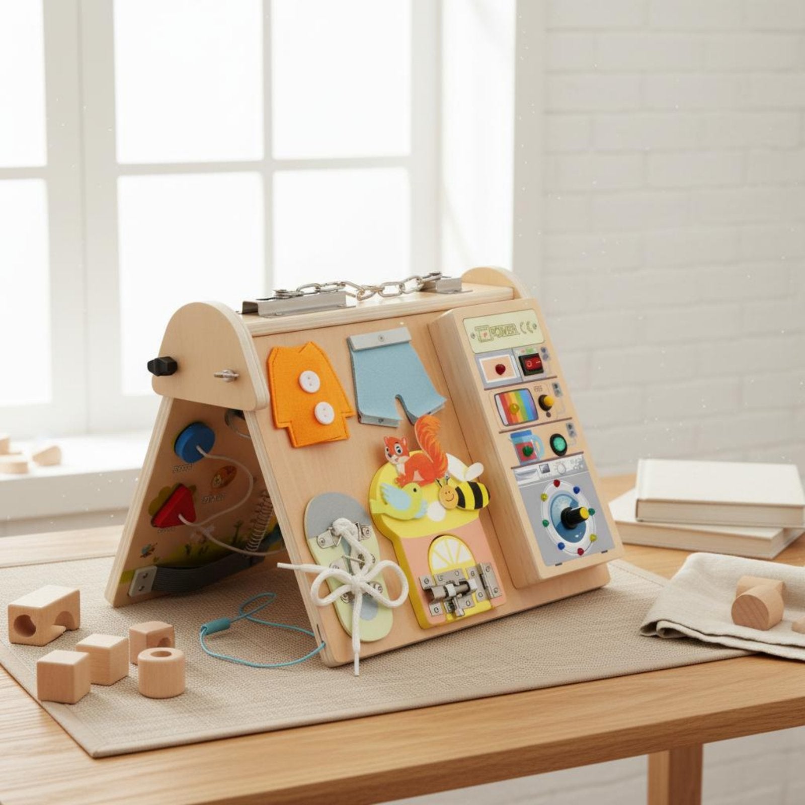 Four in a Busy Board Fine Motor Skills LED Busy Board Hand-Eye Coordination for Kids, Playroom, Car Ride