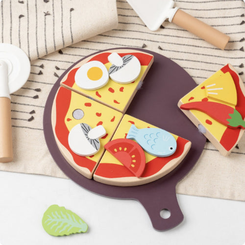 Wooden Pretend Pizza Realistic Role-Play Wooden Pizza Toy Interactive for Kids, Young Children, Playroom, Preschool, Kindergarten