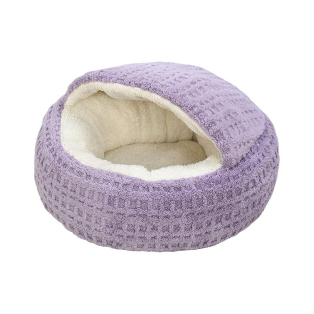 Plush semi-enclosed cat bed, warm, non-slip base, indoor use