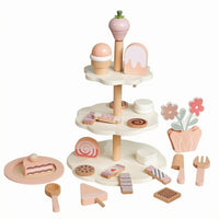 Wooden Dessert Stand Toy Rounded Edges Pretend Tea Time Set Printed Details
