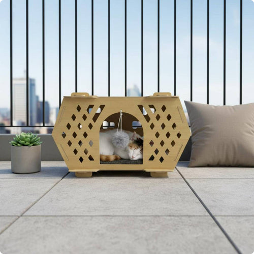 Wooden Cat House Toy Ball Included Wooden Cat Bed Ventilated Animal Furniture for Cats, Indoor